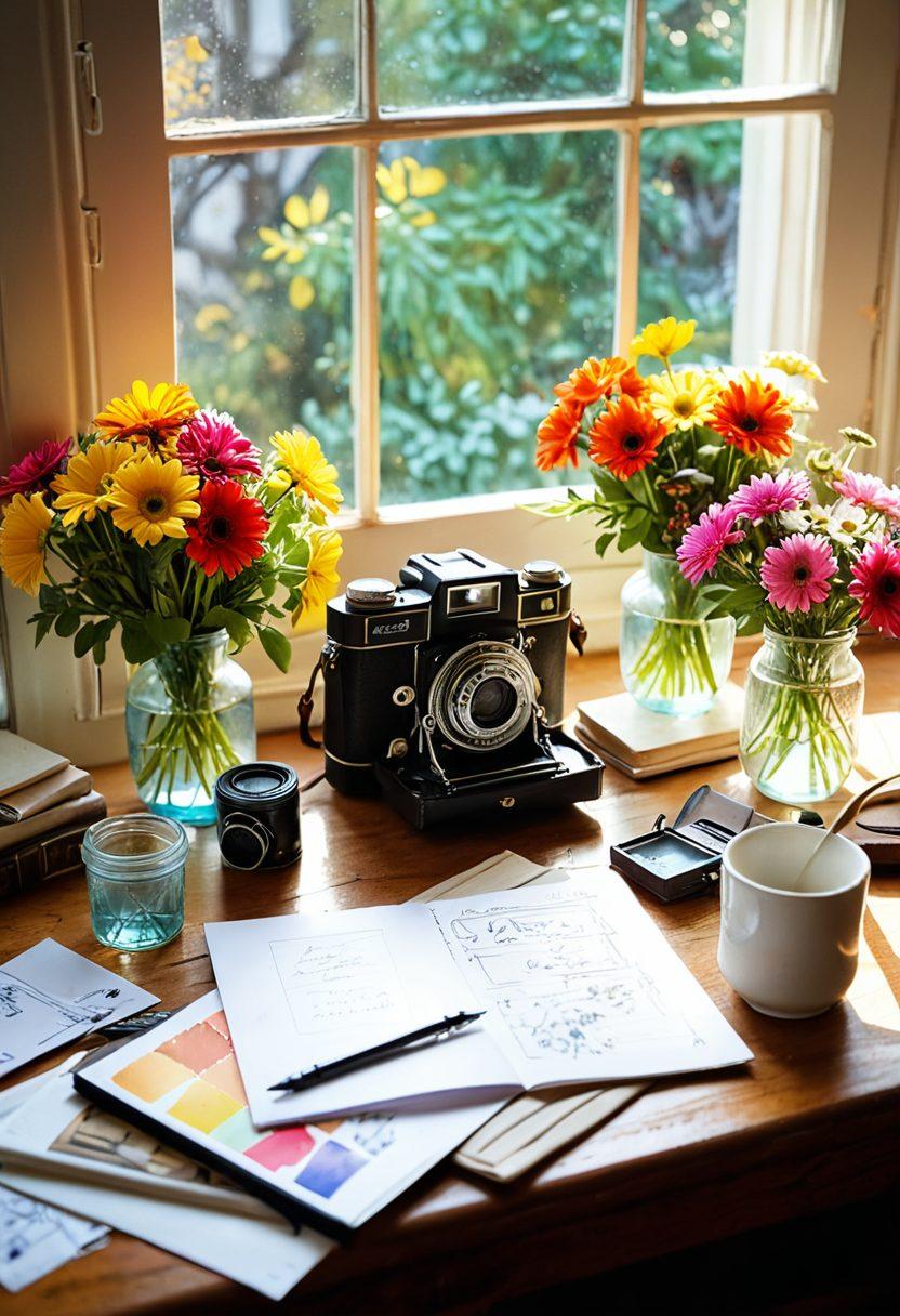 A beautifully arranged artist's workspace showcasing a camera, notepad, and a vibrant bouquet of flowers with sunlight streaming in through a window. The composition captures an inspirational atmosphere, emphasizing creativity in photography and writing. Elements such as scattered notes, colorful paints, and a warm color palette add depth and charm. super-realistic. vibrant colors. soft natural lighting.