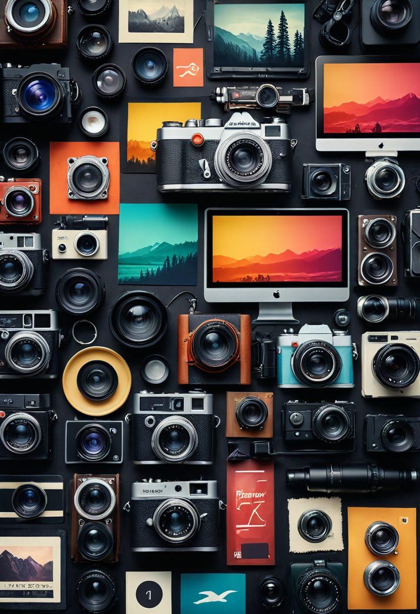 A dynamic collage capturing the evolution of photography: on one side, a vintage camera and gear like lenses and tripods, transitioning into vibrant photo edits on a computer screen. Include elements like color palettes, editing tools, and a glowing digital workspace to represent creativity. Blend warm and cool tones to signify the journey from traditional to digital. modern minimalism, vibrant colors, super-realistic.