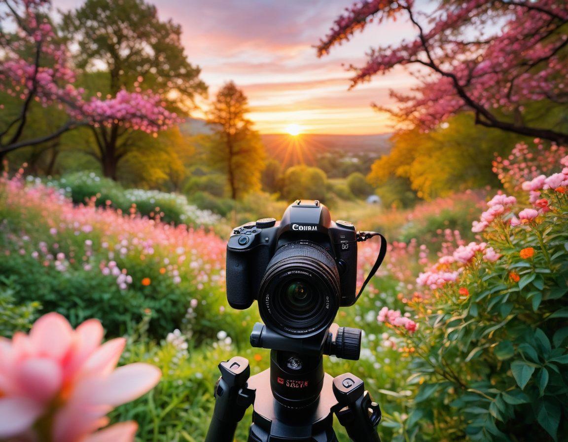 A captivating camera in focus surrounded by beautiful nature, showcasing a mix of vibrant colors in blooming flowers, trees, and an evocative sunset in the background. Various photography tools like tripods and lenses subtly arranged around the camera, enhancing the theme of photography. Soft bokeh effect to give depth and draw attention to the camera. super-realistic. vibrant colors. natural lighting.